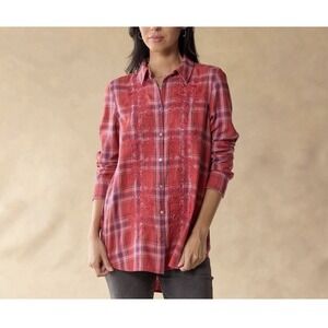 Sundance Flannel Plaid Button Front Shirt Women's S Red Embroidered Boho Western